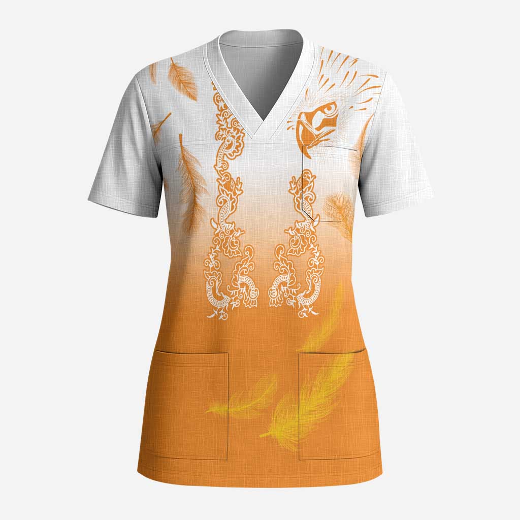 Philippines National Costume Style Scrub Top Barong Tagalog and Eagle Feather Orange Color - Polynesian Pride