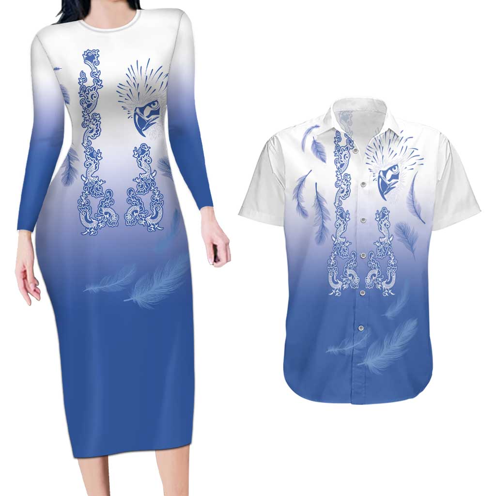 Philippines National Costume Style Couples Matching Long Sleeve Bodycon Dress and Hawaiian Shirt Barong Tagalog and Eagle Feather Blue Color