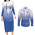 Philippines National Costume Style Couples Matching Long Sleeve Bodycon Dress and Long Sleeve Button Shirt Barong Tagalog and Eagle Feather Blue Color
