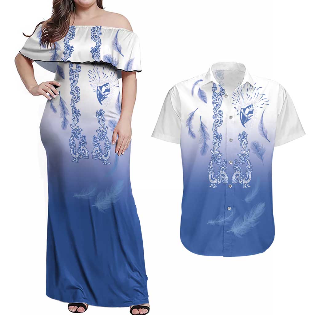 Philippines National Costume Style Couples Matching Off Shoulder Maxi Dress and Hawaiian Shirt Barong Tagalog and Eagle Feather Blue Color
