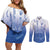 Philippines National Costume Style Couples Matching Off Shoulder Short Dress and Long Sleeve Button Shirt Barong Tagalog and Eagle Feather Blue Color