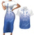 Philippines National Costume Style Couples Matching Short Sleeve Bodycon Dress and Hawaiian Shirt Barong Tagalog and Eagle Feather Blue Color
