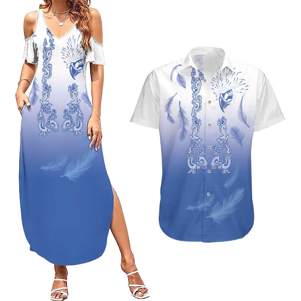 Philippines National Costume Style Couples Matching Summer Maxi Dress and Hawaiian Shirt Barong Tagalog and Eagle Feather Blue Color