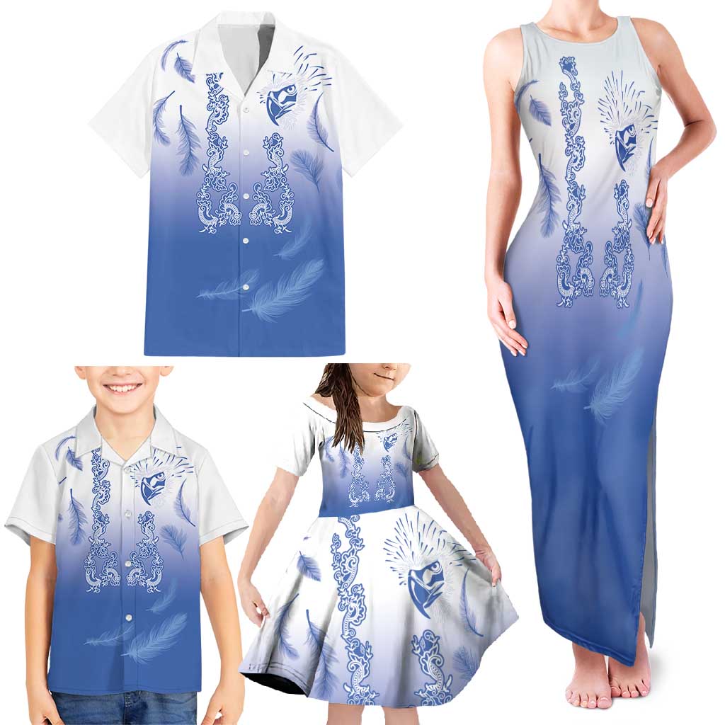 Philippines National Costume Style Family Matching Tank Maxi Dress and Hawaiian Shirt Barong Tagalog and Eagle Feather Blue Color