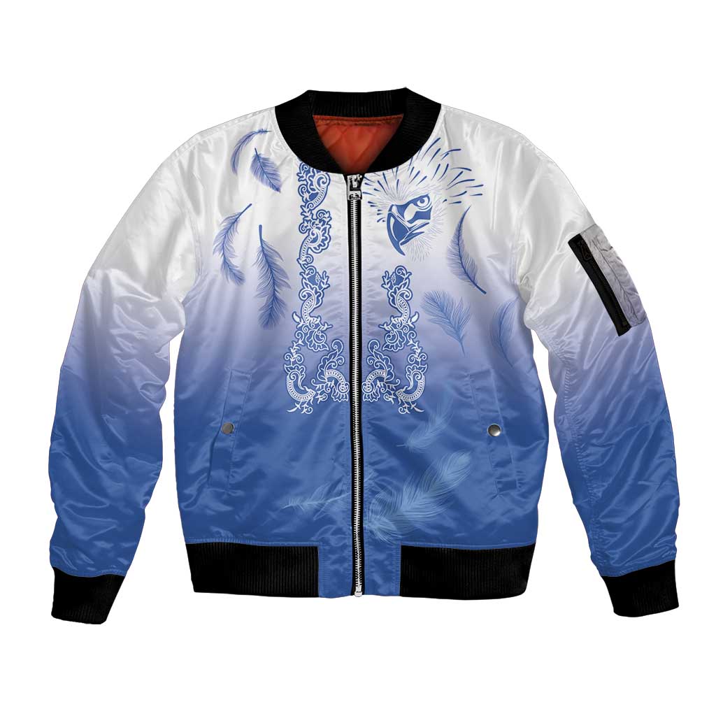 Philippines National Costume Style Sleeve Zip Bomber Jacket Barong Tagalog and Eagle Feather Blue Color