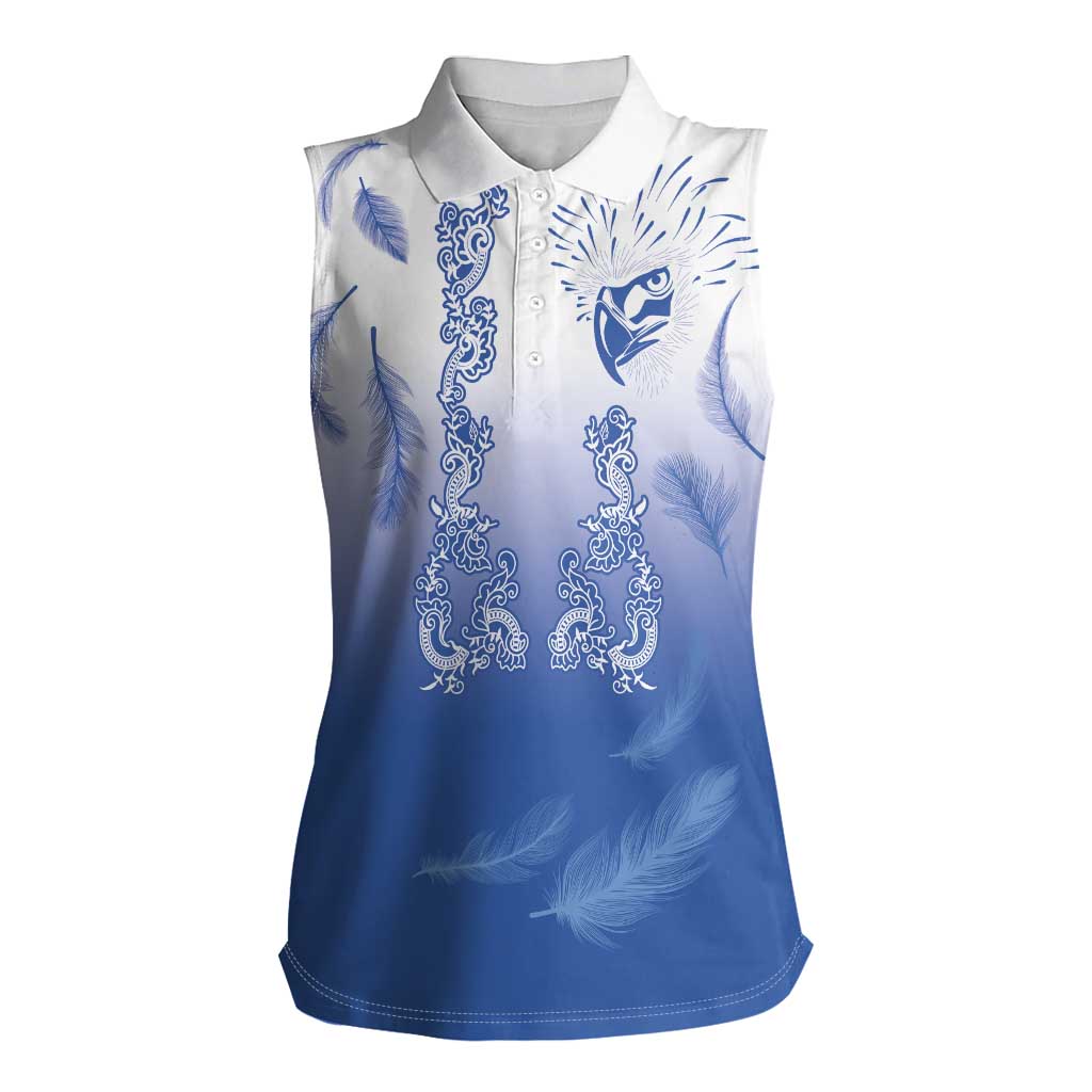 Philippines National Costume Style Women Sleeveless Polo Shirt Barong Tagalog and Eagle Feather Blue Color