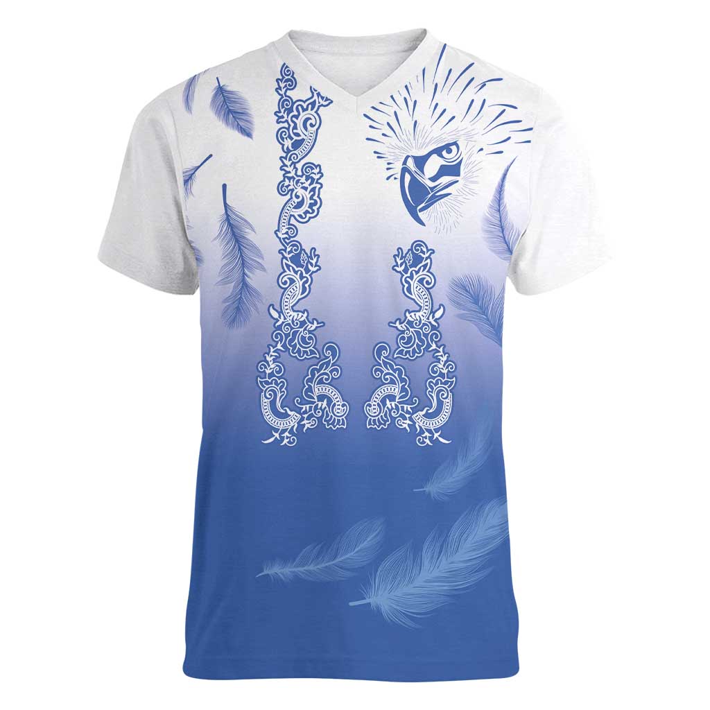 Philippines National Costume Style Women V-Neck T-Shirt Barong Tagalog and Eagle Feather Blue Color