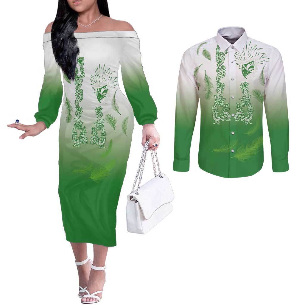 Philippines National Costume Style Couples Matching Off The Shoulder Long Sleeve Dress and Long Sleeve Button Shirt Barong Tagalog and Eagle Feather Green Color