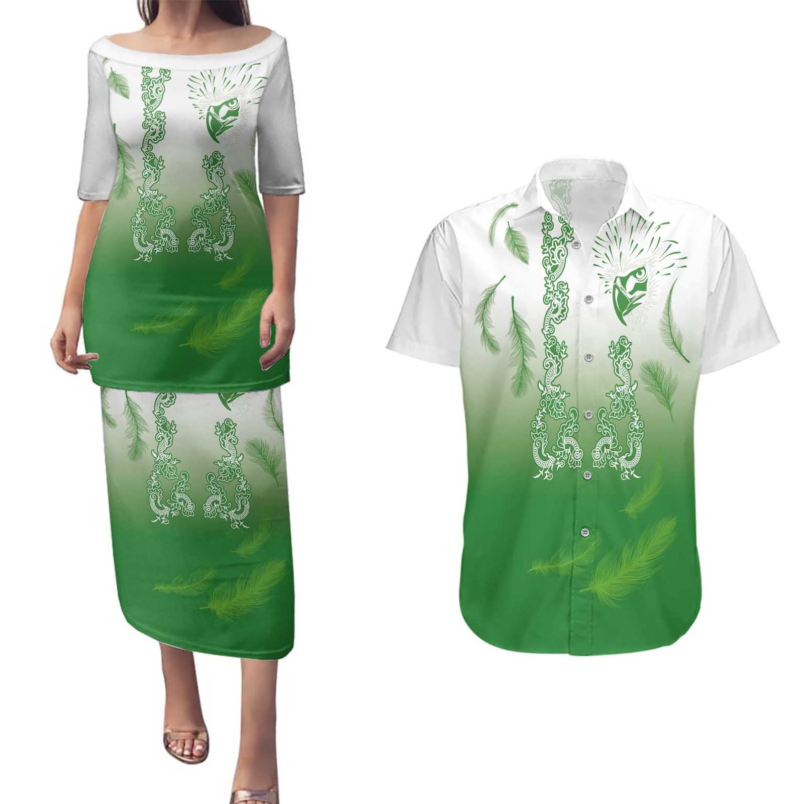 Philippines National Costume Style Couples Matching Puletasi and Hawaiian Shirt Barong Tagalog and Eagle Feather Green Color