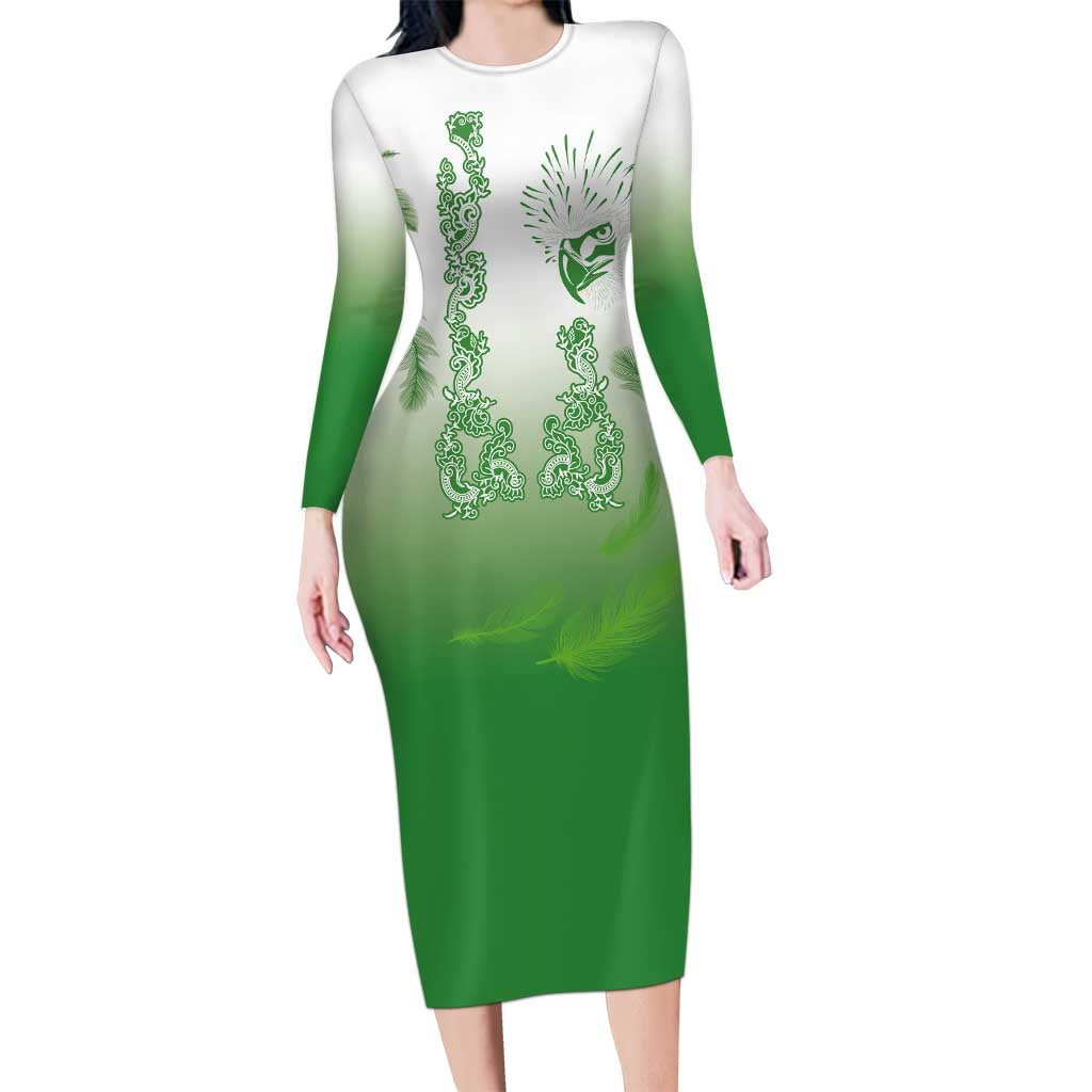 Philippines National Costume Style Long Sleeve Bodycon Dress Barong Tagalog and Eagle Feather Green Color