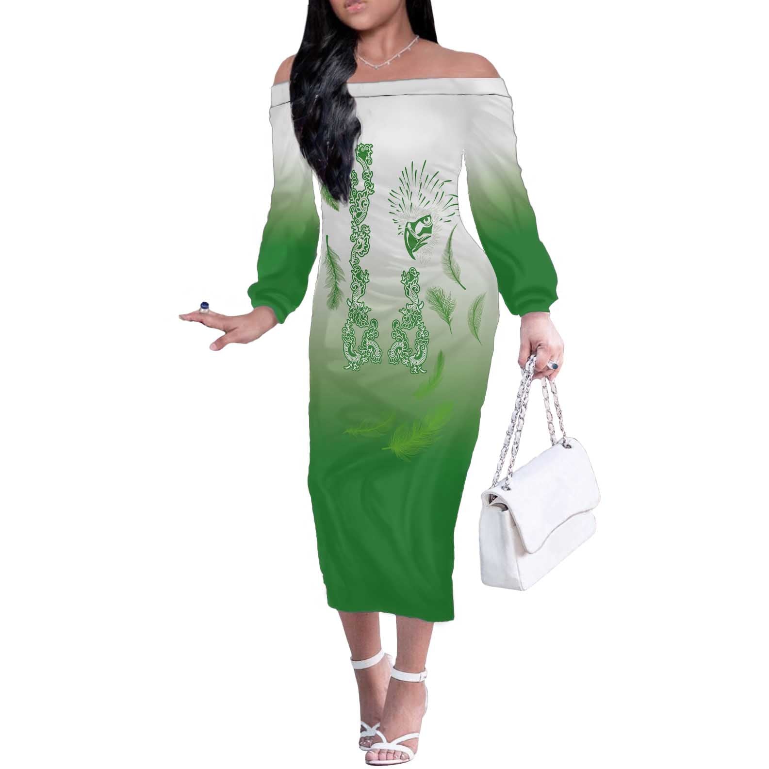 Philippines National Costume Style Off The Shoulder Long Sleeve Dress Barong Tagalog and Eagle Feather Green Color