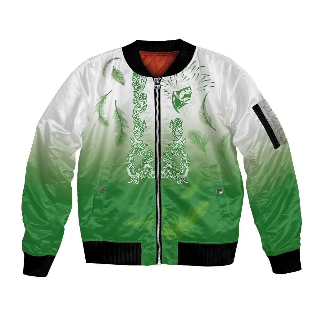 Philippines National Costume Style Sleeve Zip Bomber Jacket Barong Tagalog and Eagle Feather Green Color