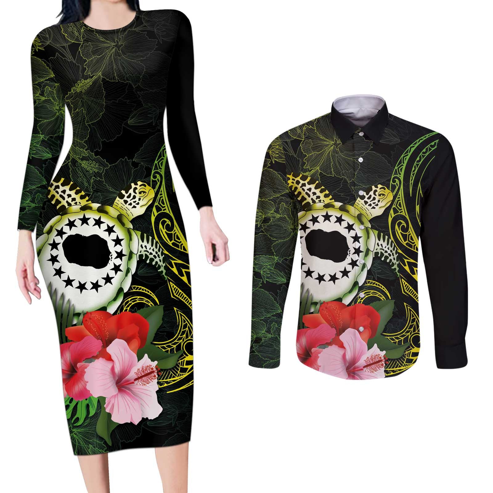 Kia Orana Cook Islands Couples Matching Long Sleeve Bodycon Dress and Long Sleeve Button Shirt Turtle and Hibiscus Polynesian Pattern