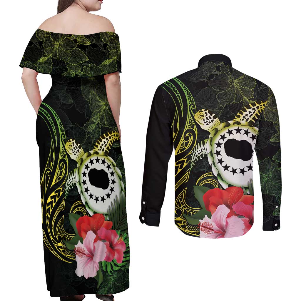 Kia Orana Cook Islands Couples Matching Off Shoulder Maxi Dress and Long Sleeve Button Shirt Turtle and Hibiscus Polynesian Pattern