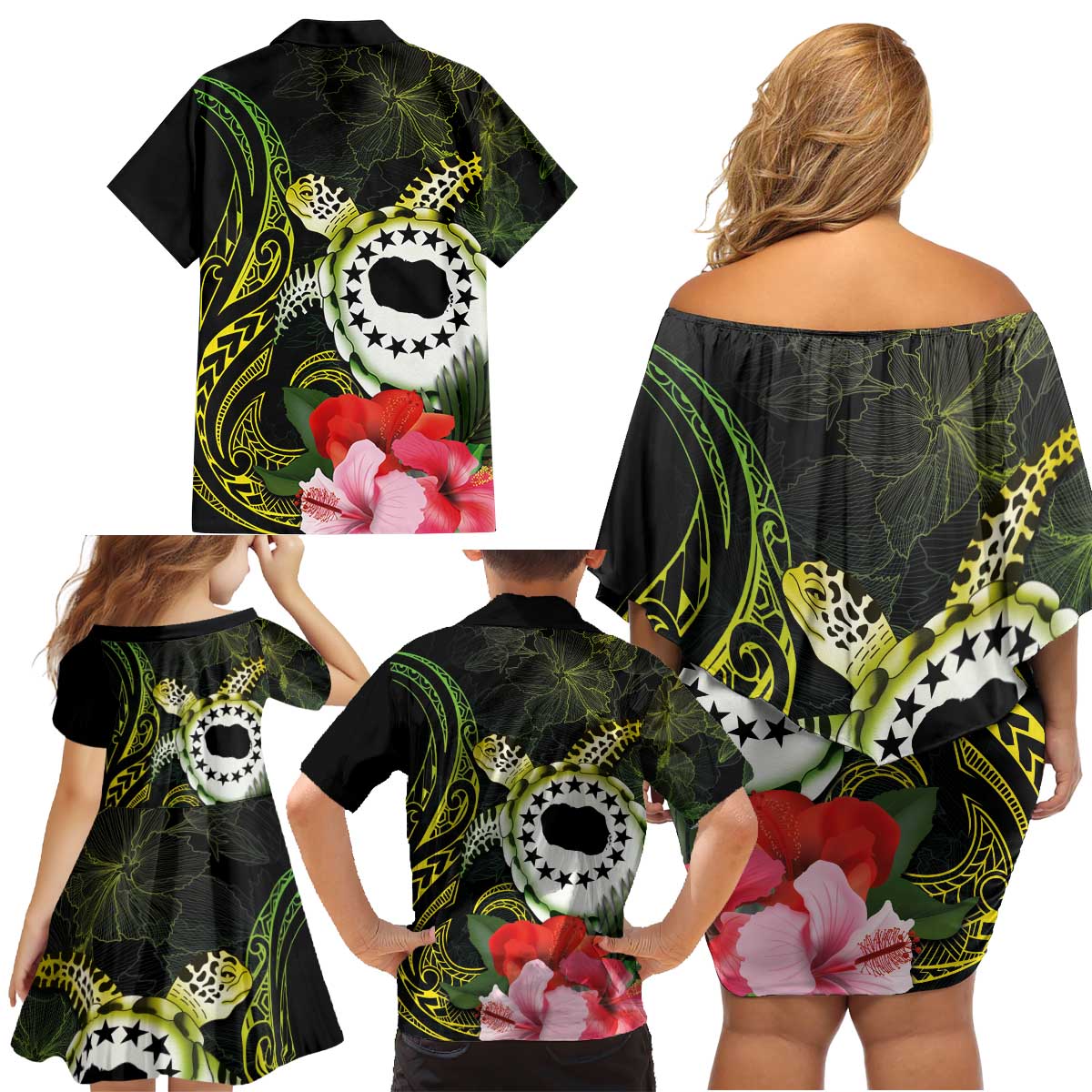 Kia Orana Cook Islands Family Matching Off Shoulder Short Dress and Hawaiian Shirt Turtle and Hibiscus Polynesian Pattern