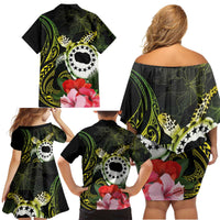 Kia Orana Cook Islands Family Matching Off Shoulder Short Dress and Hawaiian Shirt Turtle and Hibiscus Polynesian Pattern