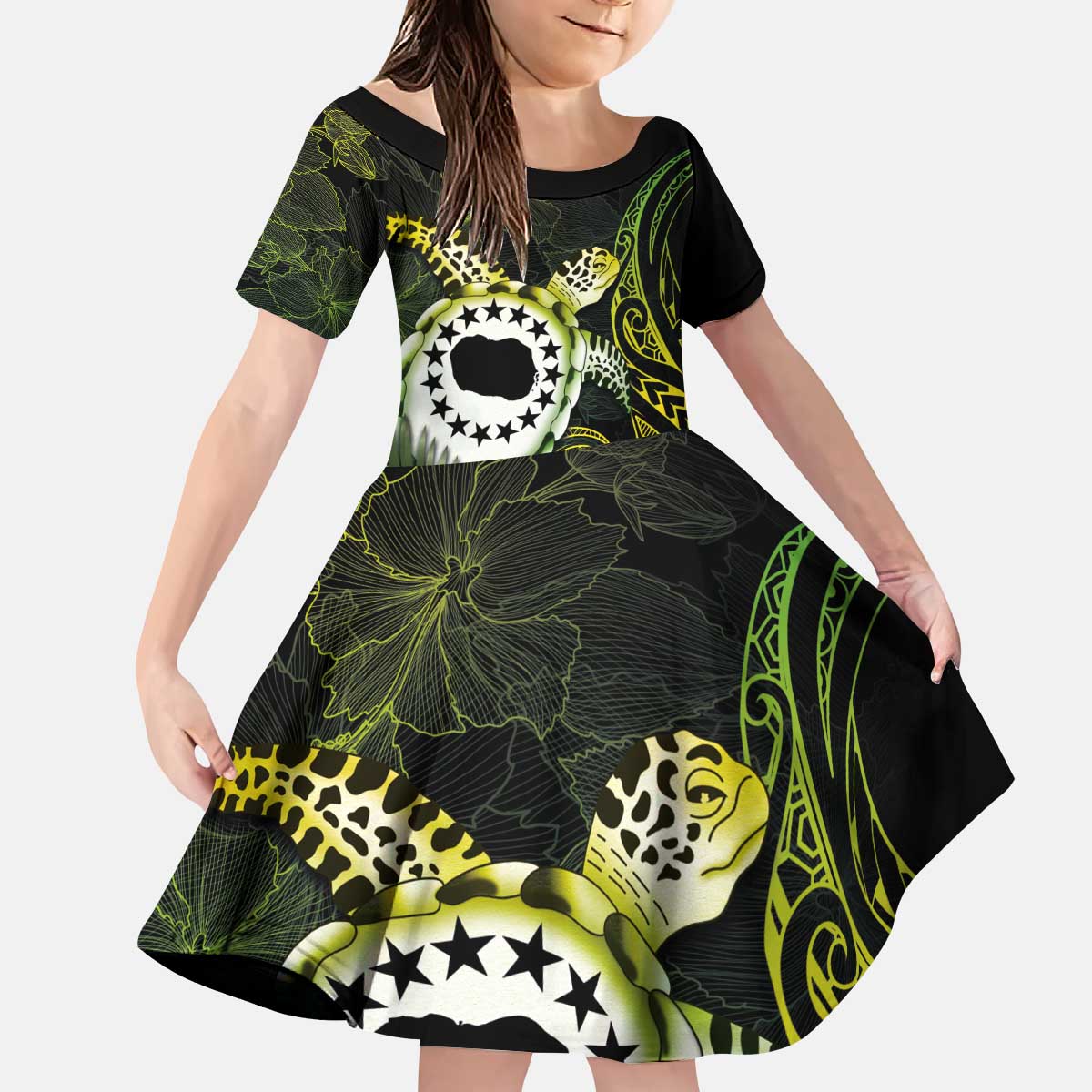 Kia Orana Cook Islands Kid Short Sleeve Dress Turtle and Hibiscus Polynesian Pattern