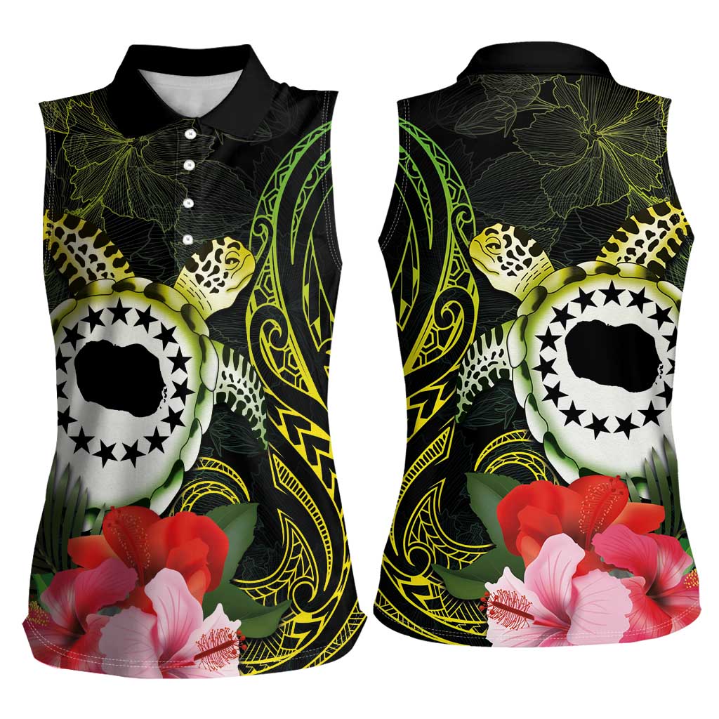 Kia Orana Cook Islands Women Sleeveless Polo Shirt Turtle and Hibiscus Polynesian Pattern