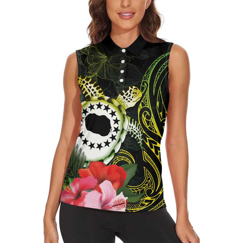 Kia Orana Cook Islands Women Sleeveless Polo Shirt Turtle and Hibiscus Polynesian Pattern