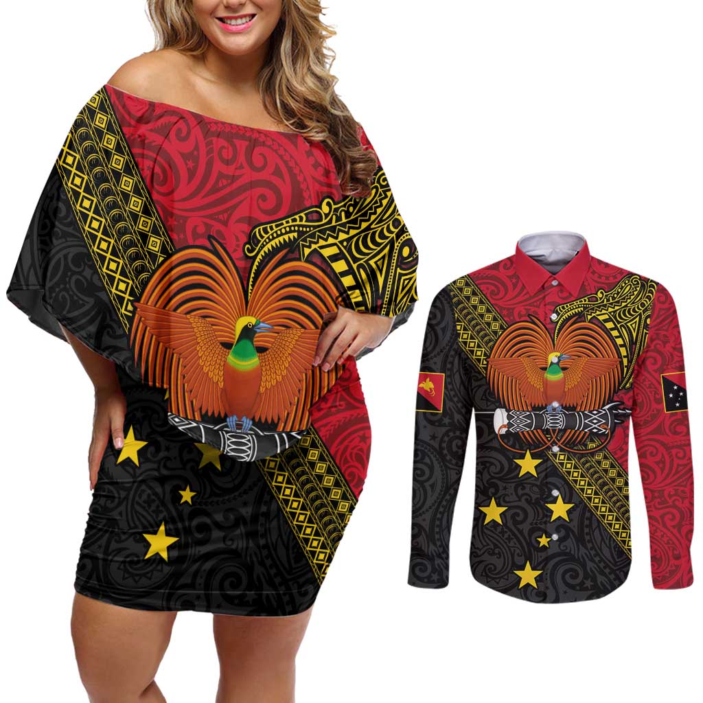 Papua new Guinea Goroka Show Couples Matching Off Shoulder Short Dress and Long Sleeve Button Shirt Bird-of-paradise and Melanesian Tattoo Pattern