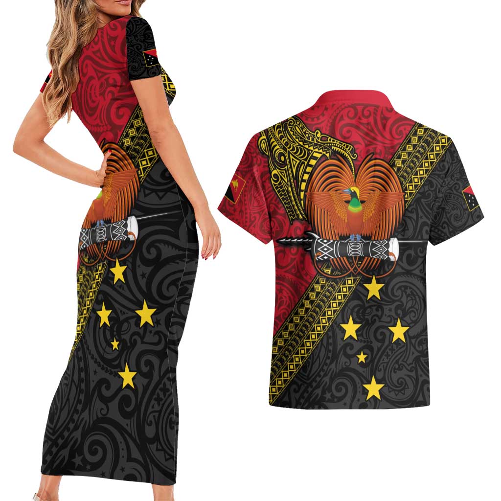 Papua new Guinea Goroka Show Couples Matching Short Sleeve Bodycon Dress and Hawaiian Shirt Bird-of-paradise and Melanesian Tattoo Pattern