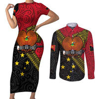 Papua new Guinea Goroka Show Couples Matching Short Sleeve Bodycon Dress and Long Sleeve Button Shirt Bird-of-paradise and Melanesian Tattoo Pattern