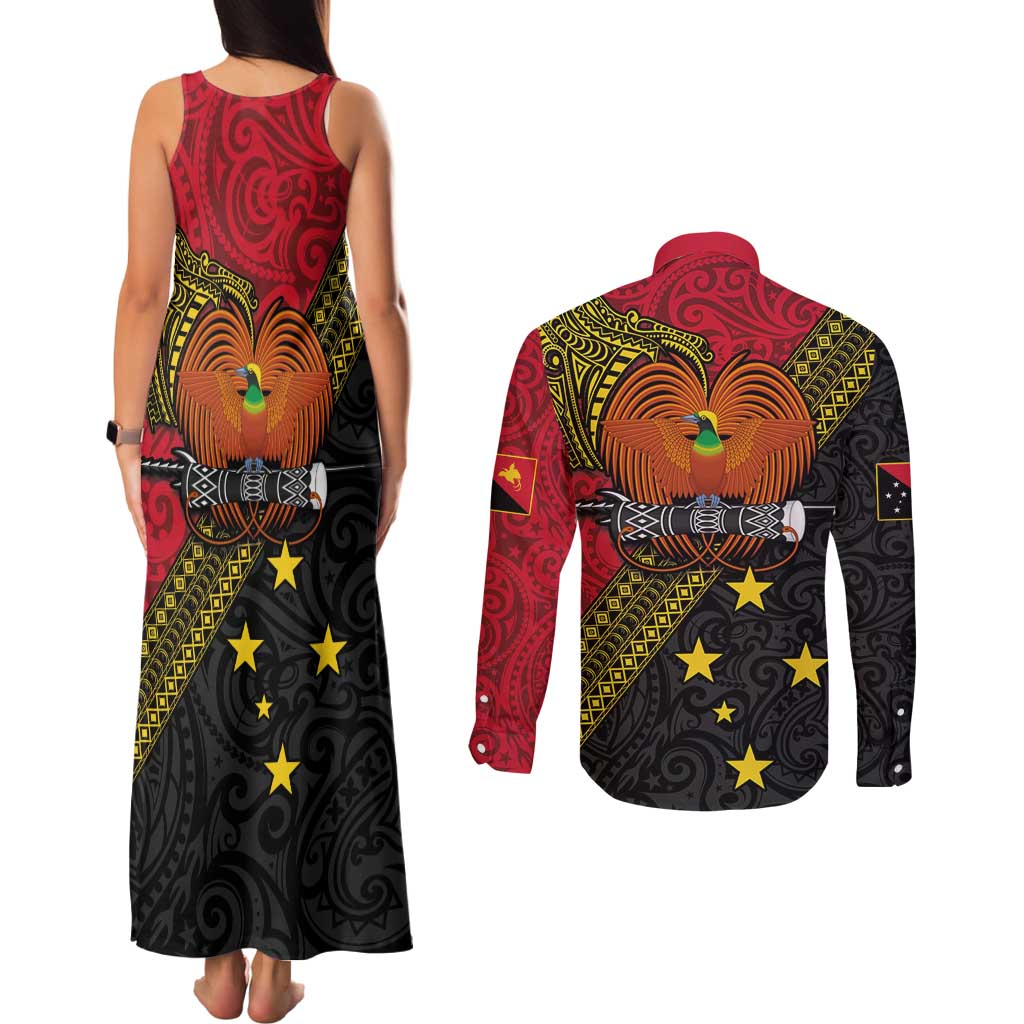 Papua new Guinea Goroka Show Couples Matching Tank Maxi Dress and Long Sleeve Button Shirt Bird-of-paradise and Melanesian Tattoo Pattern