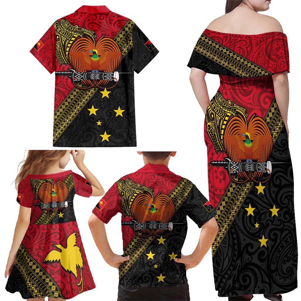 Papua new Guinea Goroka Show Family Matching Off Shoulder Maxi Dress and Hawaiian Shirt Bird-of-paradise and Melanesian Tattoo Pattern