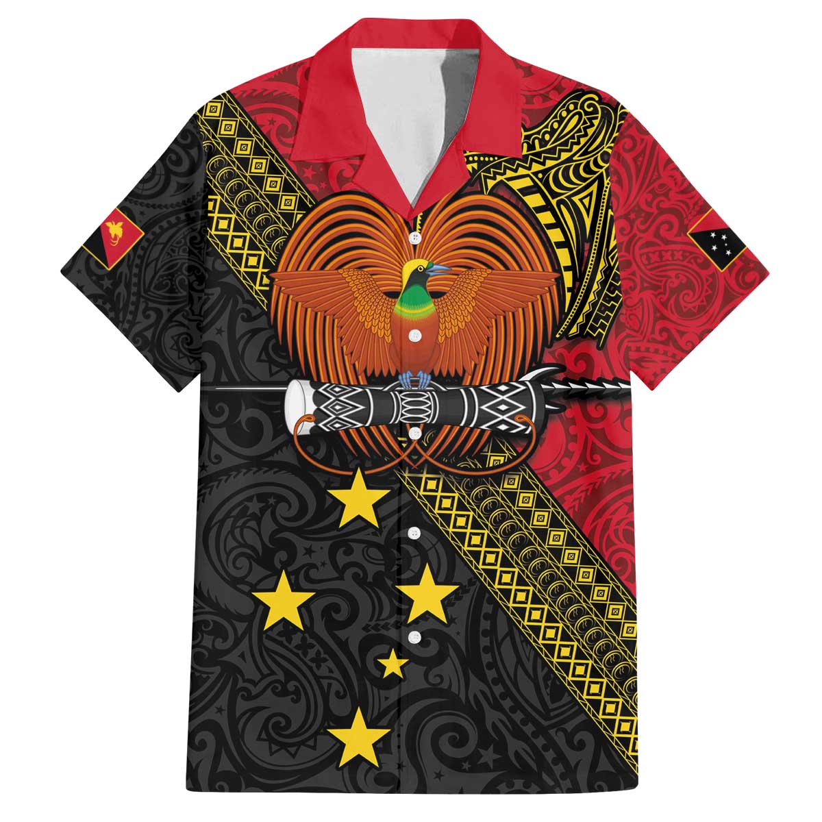 Papua New Guinea Goroka Show Family Matching Puletasi and Hawaiian Shirt Bird-of-paradise and Melanesian Tattoo Pattern LT03 Dad's Shirt - Short Sleeve Red - Polynesian Pride
