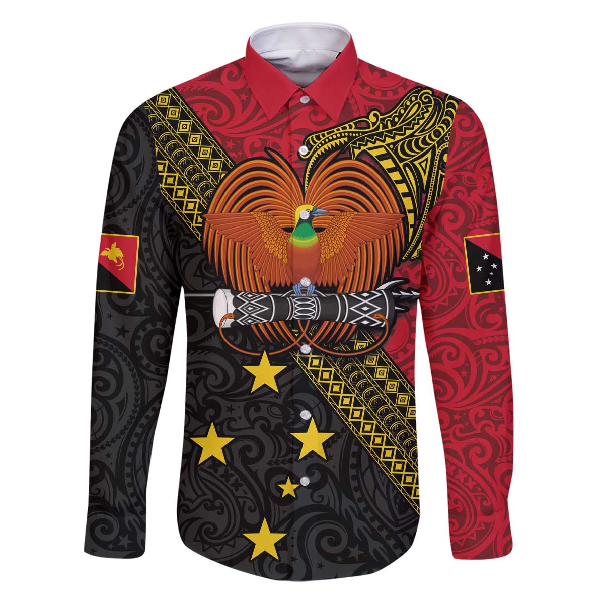 Papua New Guinea Goroka Show Family Matching Puletasi and Hawaiian Shirt Bird-of-paradise and Melanesian Tattoo Pattern LT03 Dad's Shirt - Long Sleeve Red - Polynesian Pride