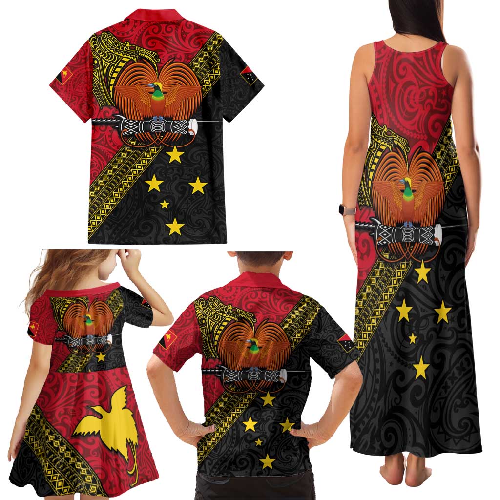 Papua new Guinea Goroka Show Family Matching Tank Maxi Dress and Hawaiian Shirt Bird-of-paradise and Melanesian Tattoo Pattern