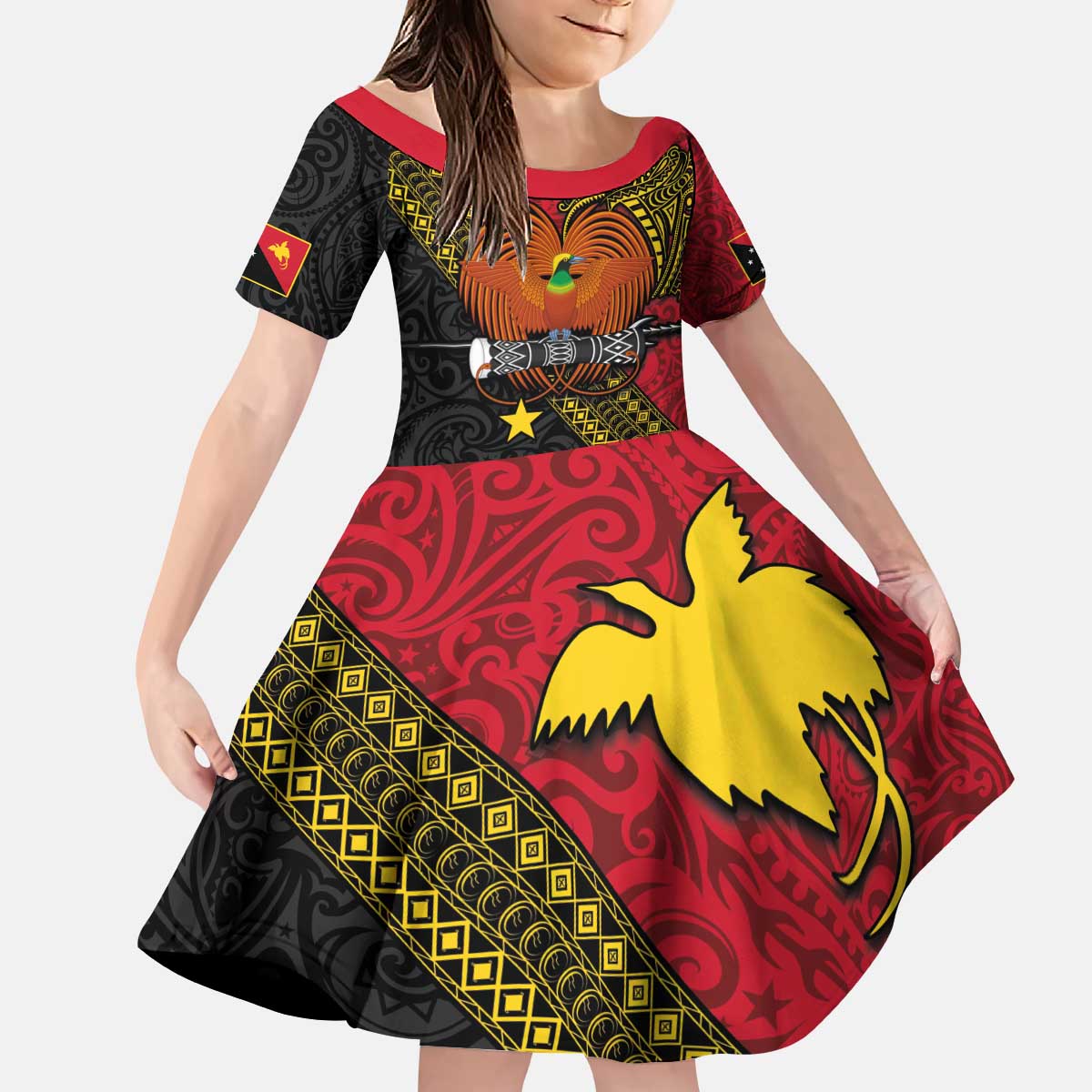 Papua new Guinea Goroka Show Kid Short Sleeve Dress Bird-of-paradise and Melanesian Tattoo Pattern
