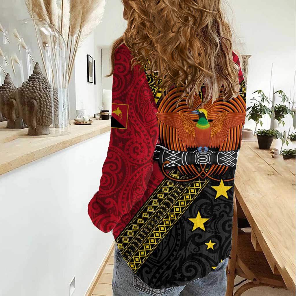 Papua New Guinea Goroka Show Women Casual Shirt Bird-of-paradise and Melanesian Tattoo Pattern LT03 - Polynesian Pride