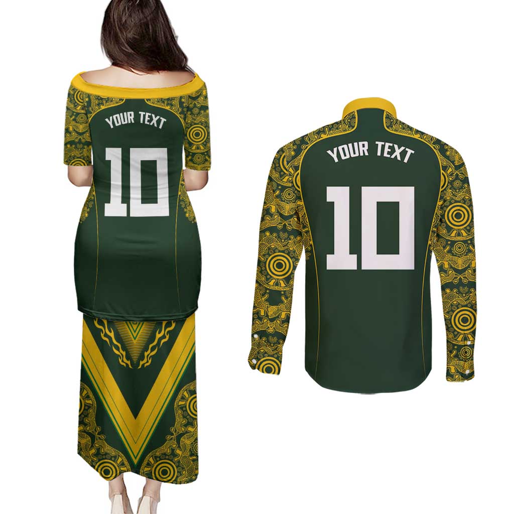 Australia Rugby Custom Couples Matching Puletasi and Long Sleeve Button Shirt Aboriginal Art Sporty Style - Polynesian Pride