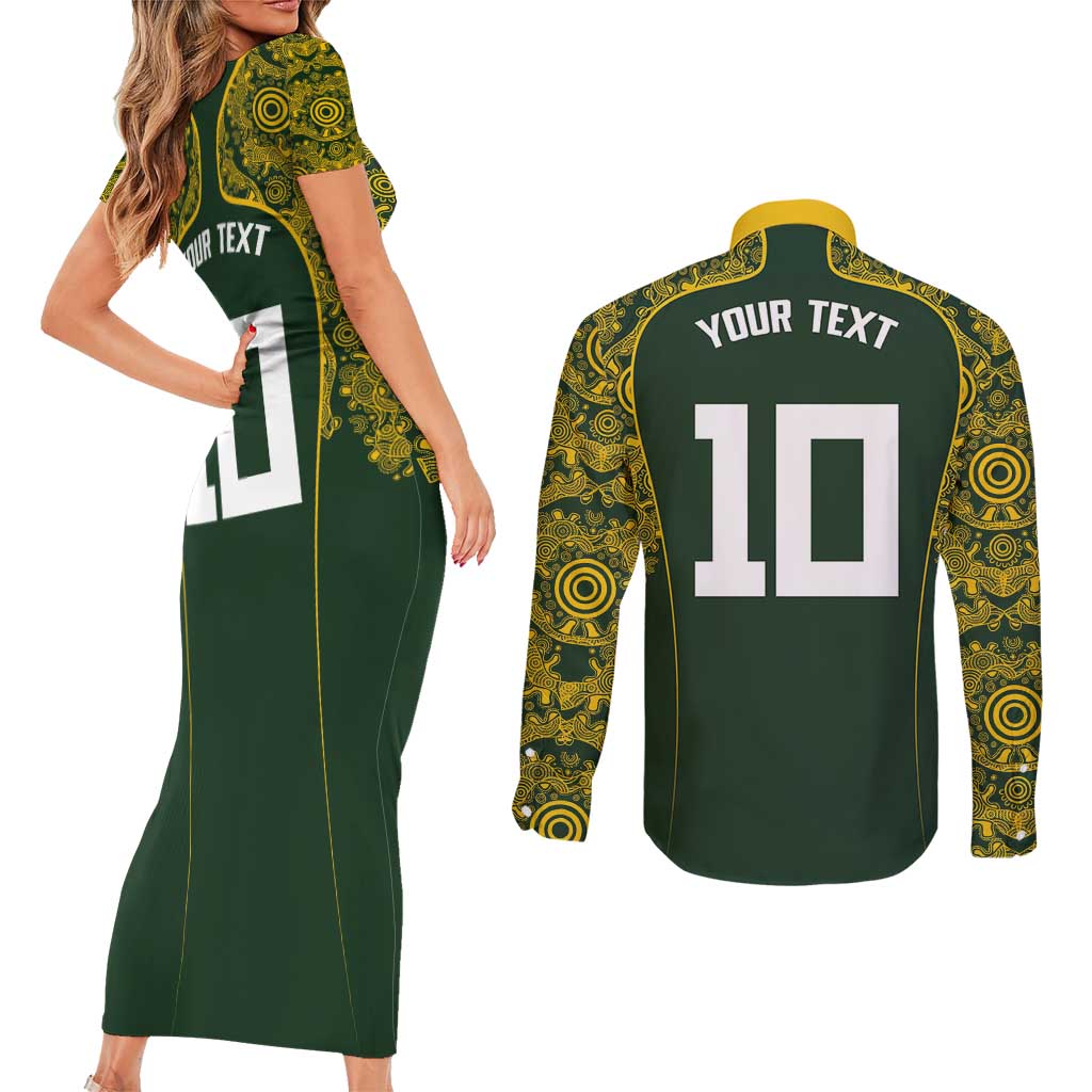 Australia Rugby Custom Couples Matching Short Sleeve Bodycon Dress and Long Sleeve Button Shirt Aboriginal Art Sporty Style - Polynesian Pride