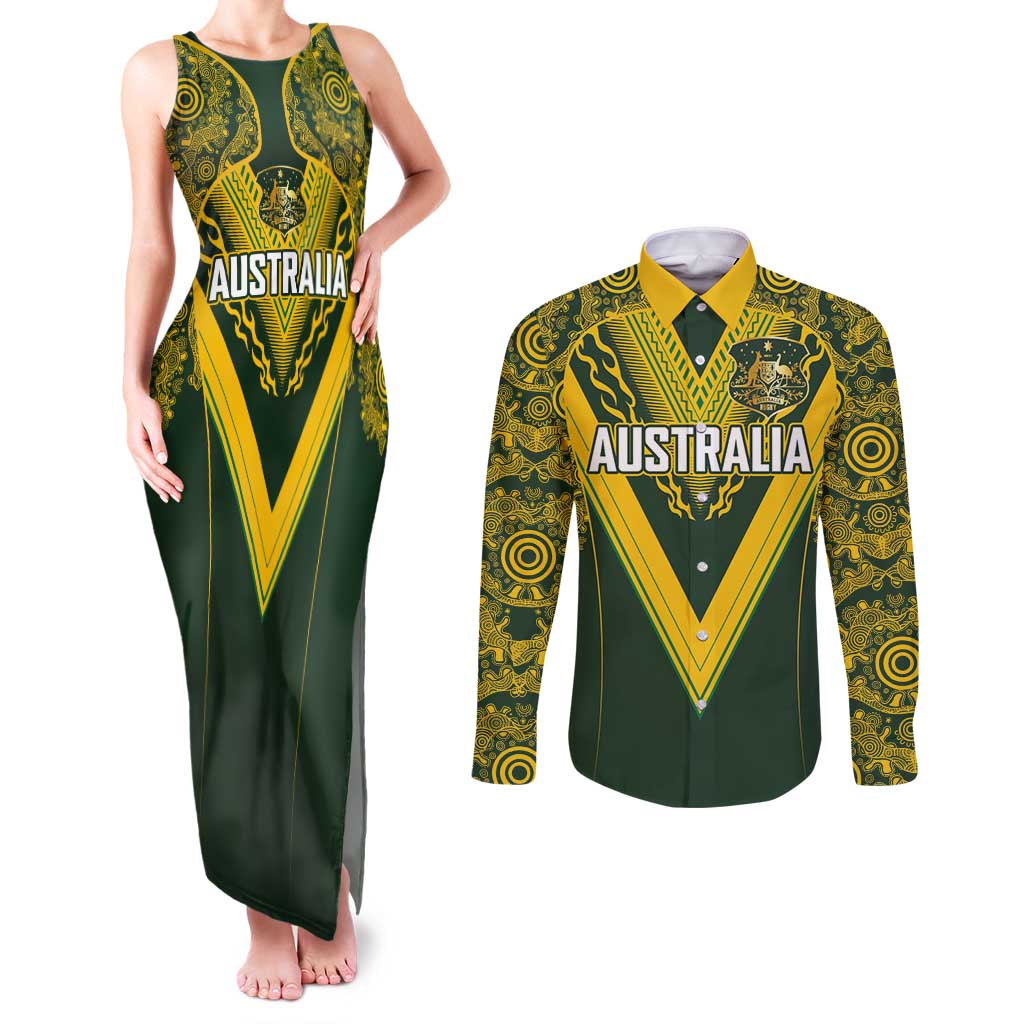Australia Rugby Custom Couples Matching Tank Maxi Dress and Long Sleeve Button Shirt Aboriginal Art Sporty Style LT03 Green - Polynesian Pride