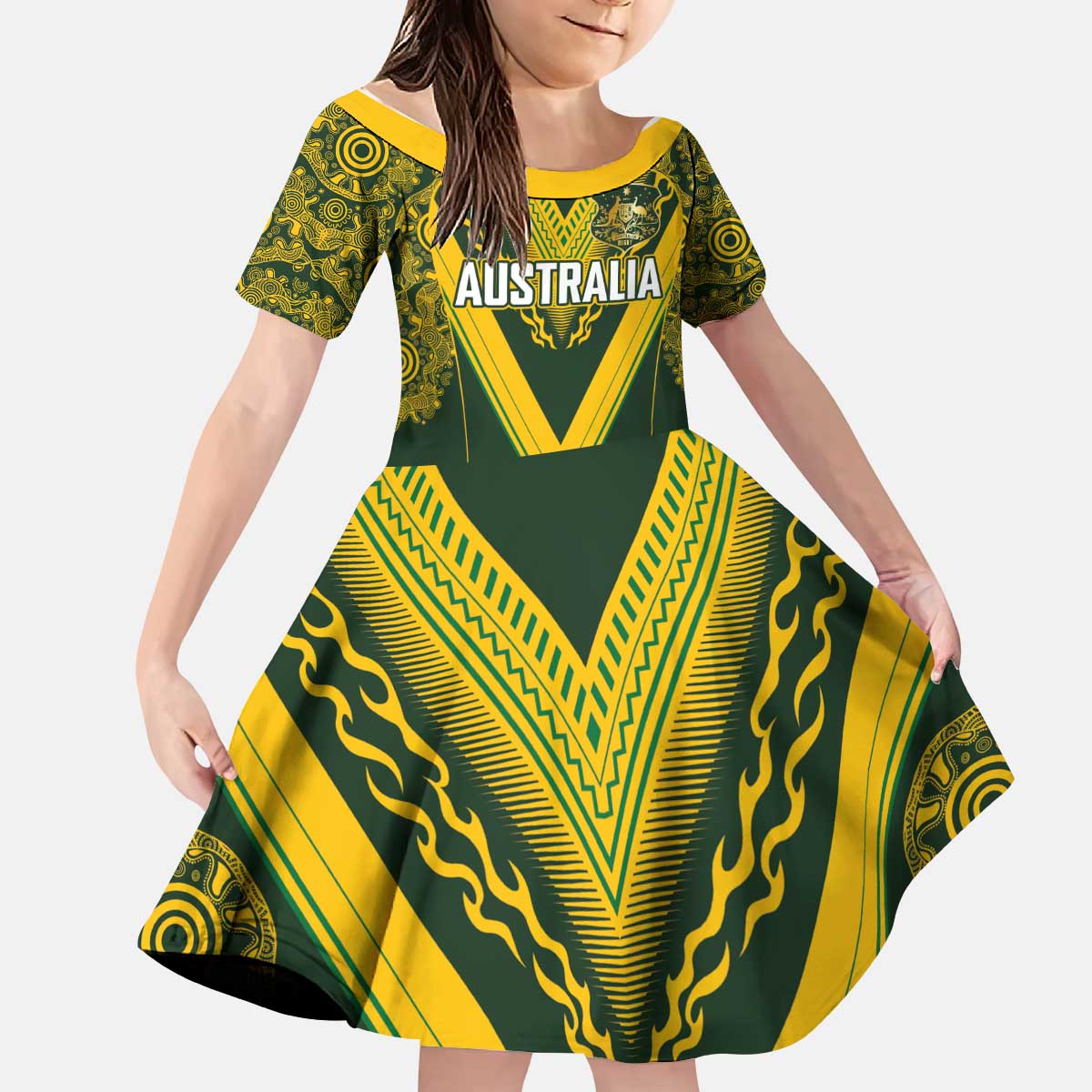 Australia Rugby Custom Kid Short Sleeve Dress Aboriginal Art Sporty Style LT03 KID Green - Polynesian Pride