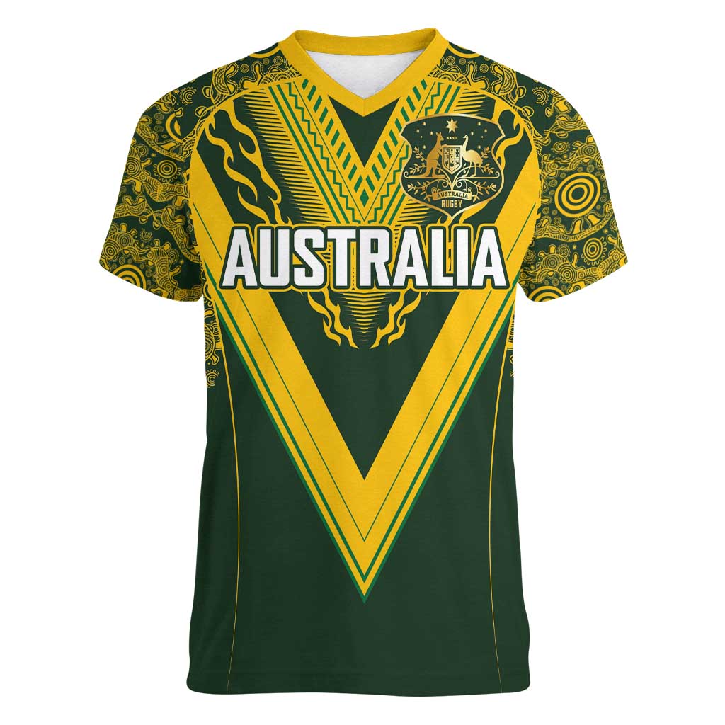 Australia Rugby Custom Women V-Neck T-Shirt Aboriginal Art Sporty Style - Polynesian Pride