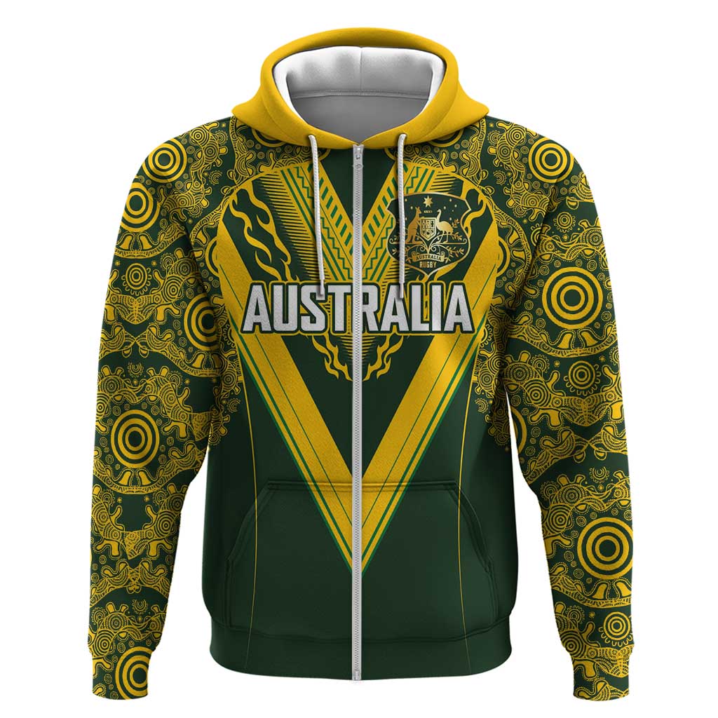 Australia Rugby Custom Zip Hoodie Aboriginal Art Sporty Style - Polynesian Pride