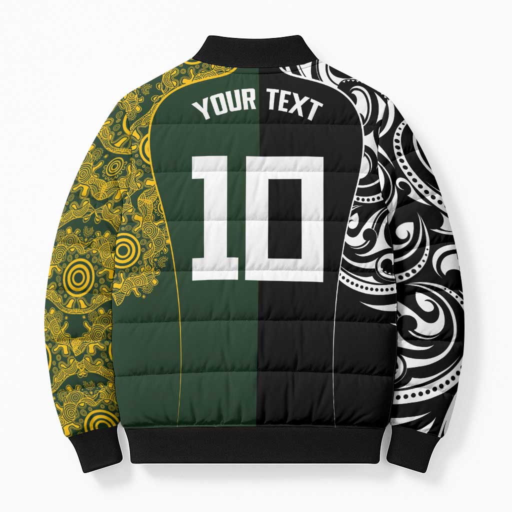 Aotearoa Australia Rugby Custom Bomber Puffer Jacket Maori and Aboriginal Art Sporty Style - Polynesian Pride