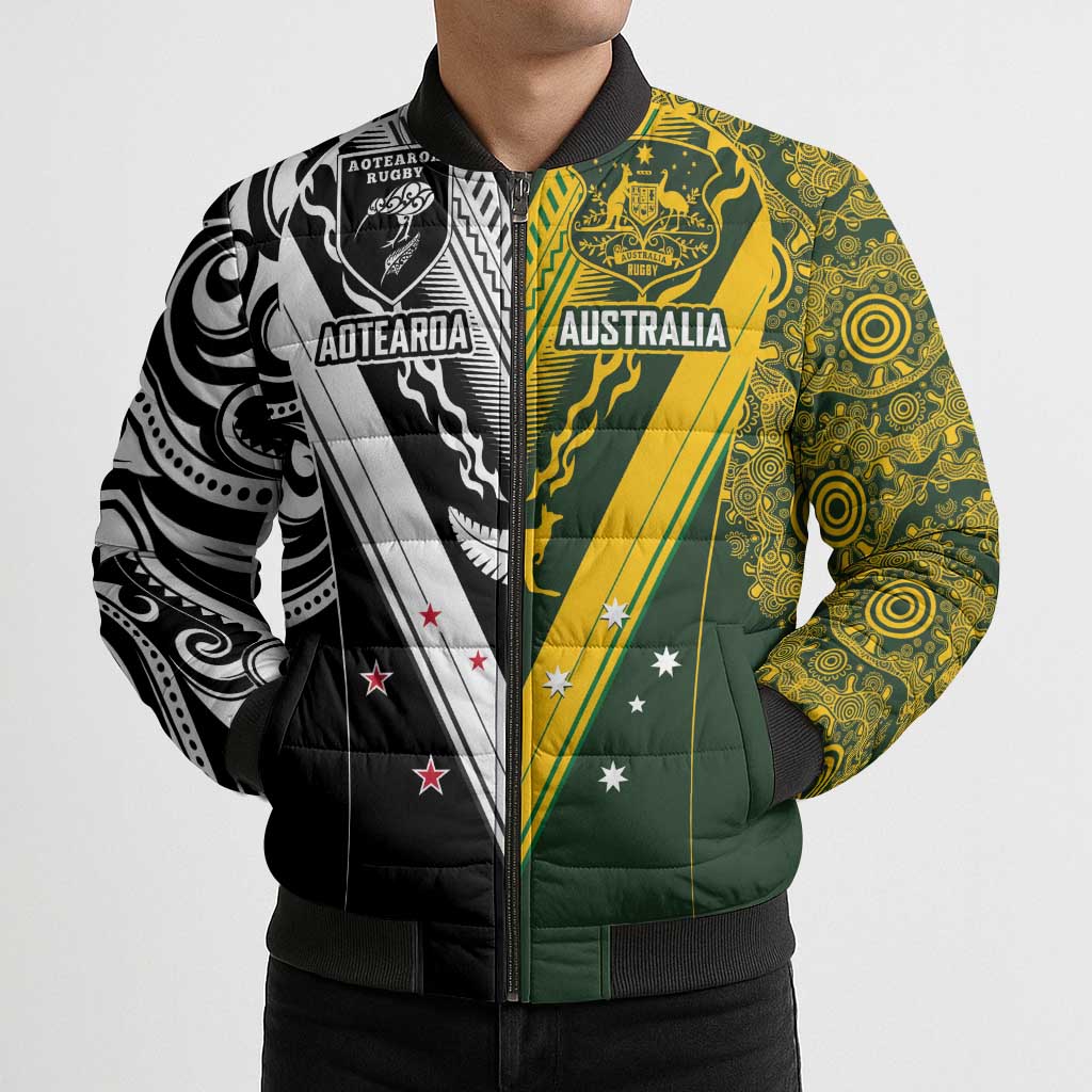Aotearoa Australia Rugby Custom Bomber Puffer Jacket Maori and Aboriginal Art Sporty Style - Polynesian Pride