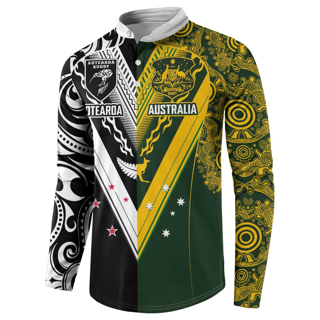 Aotearoa Australia Rugby Custom Button Sweatshirt Maori and Aboriginal Art Sporty Style - Polynesian Pride