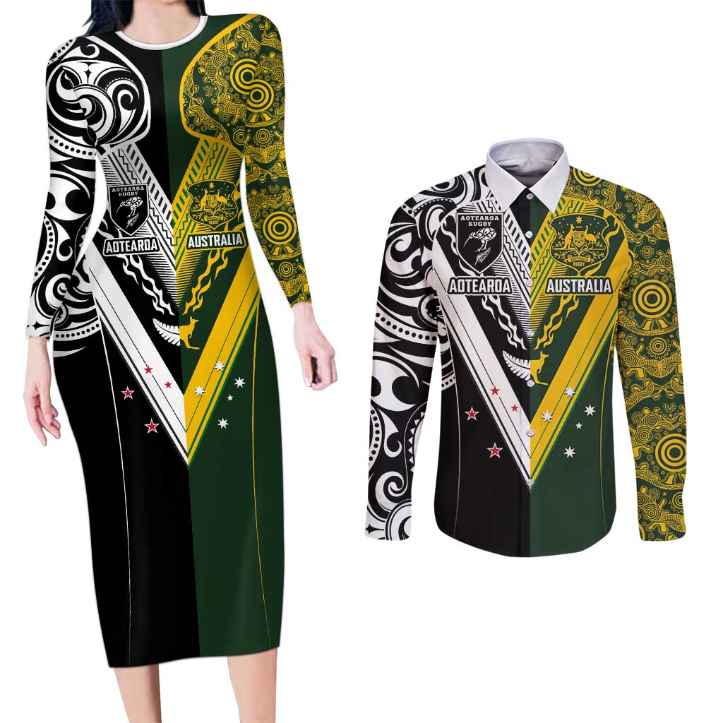 Aotearoa Australia Rugby Custom Couples Matching Long Sleeve Bodycon Dress and Long Sleeve Button Shirt Maori and Aboriginal Art Sporty Style - Polynesian Pride
