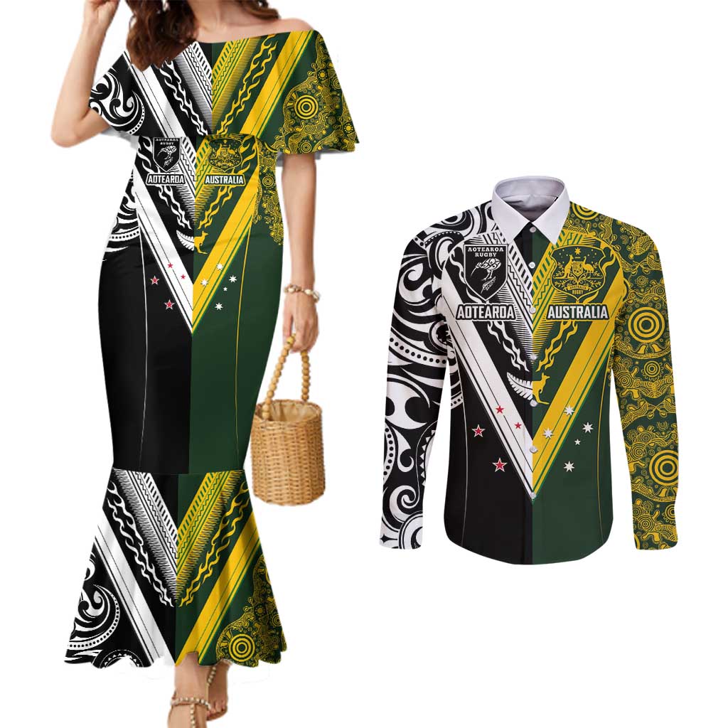 Aotearoa Australia Rugby Custom Couples Matching Mermaid Dress and Long Sleeve Button Shirt Maori and Aboriginal Art Sporty Style - Polynesian Pride