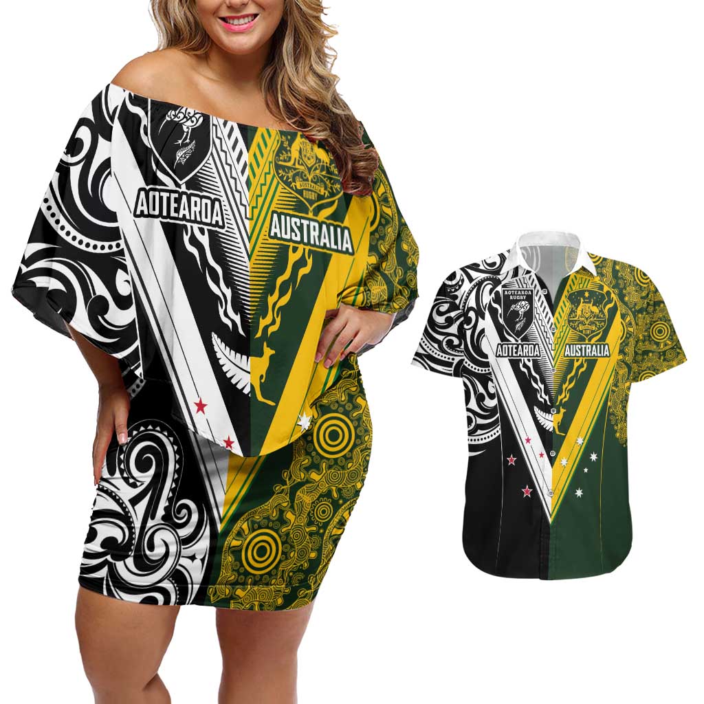 Aotearoa Australia Rugby Custom Couples Matching Off Shoulder Short Dress and Hawaiian Shirt Maori and Aboriginal Art Sporty Style - Polynesian Pride