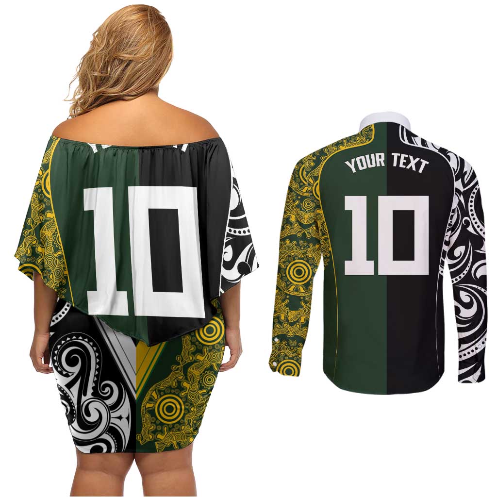 Aotearoa Australia Rugby Custom Couples Matching Off Shoulder Short Dress and Long Sleeve Button Shirt Maori and Aboriginal Art Sporty Style - Polynesian Pride