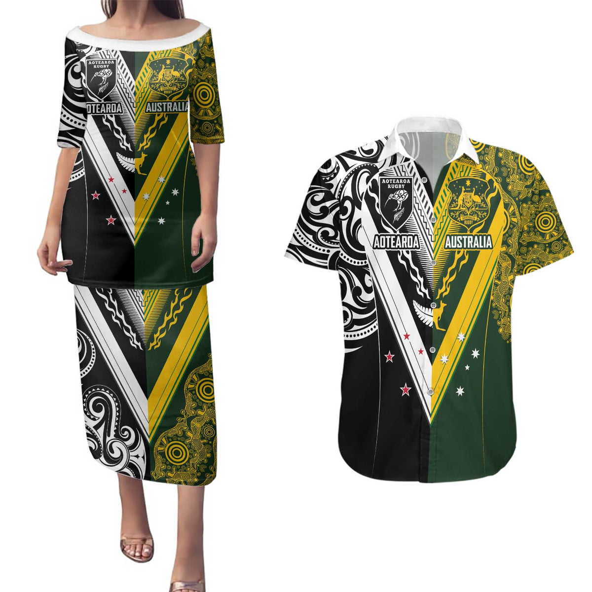 Aotearoa Australia Rugby Custom Couples Matching Puletasi and Hawaiian Shirt Maori and Aboriginal Art Sporty Style - Polynesian Pride