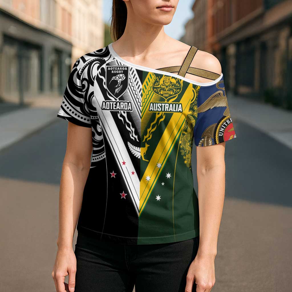 Aotearoa Australia Rugby Custom Cross Shoulder Shirt Maori and Aboriginal Art Sporty Style - Polynesian Pride