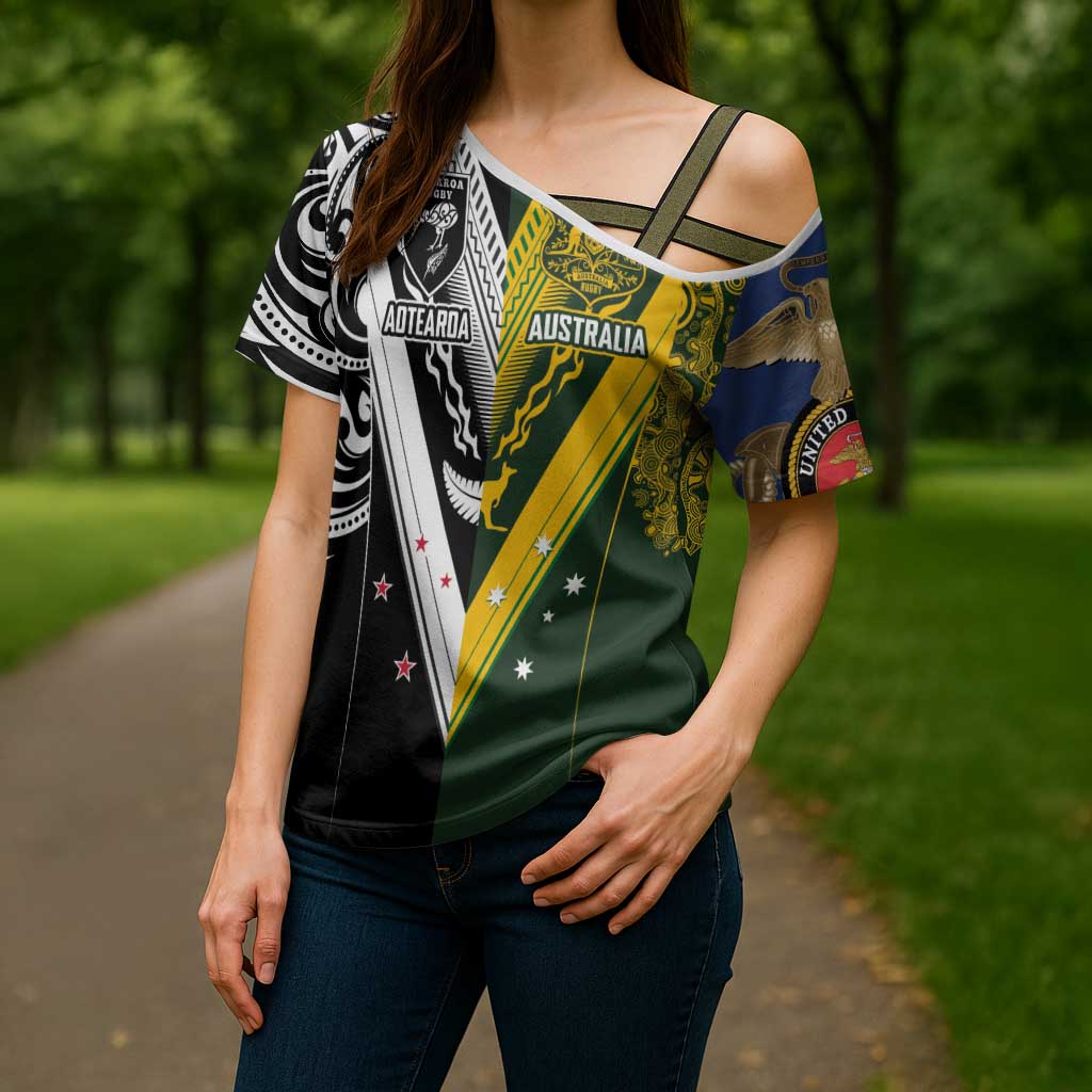 Aotearoa Australia Rugby Custom Cross Shoulder Shirt Maori and Aboriginal Art Sporty Style - Polynesian Pride