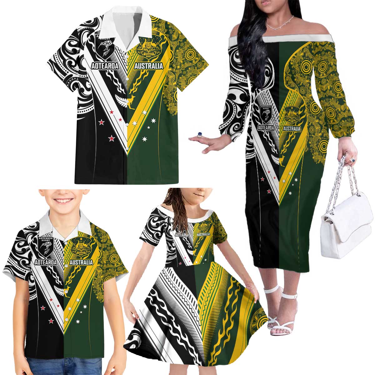 Aotearoa Australia Rugby Custom Family Matching Off The Shoulder Long Sleeve Dress and Hawaiian Shirt Maori and Aboriginal Art Sporty Style - Polynesian Pride